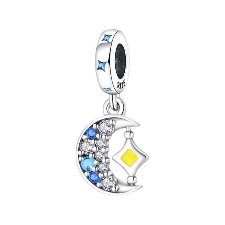 Cuentas colgantes de estrella de luna de circonita azul en plata adecuadas para joyas y pulseras - 1