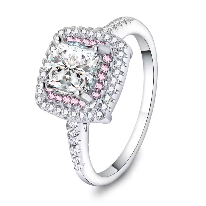 Anillo cuadrado de princesa, Piedra Rosa y blanca, chapado en oro blanco, joyería de moda, accesorios de compromiso de boda - 1