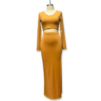 Conjunto de Vestido de Punto de Color Sólido Otoño/Invierno 2025 con Vestido Largo de Manga con Abertura y Conjunto de Dos Piezas de Camiseta. - details 13