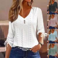 Blusa de manga larga para mujer, camisas casuales con botones y cuello en V, blusas elegantes con hebilla para mujer 2024 - details 1