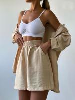 Conjunto de dos piezas de camisa de manga larga con cuello vuelto, botones y bolsillo, y pantalones cortos anchos de pierna, de algodón, estilo primaveral/veraniego. - details 15