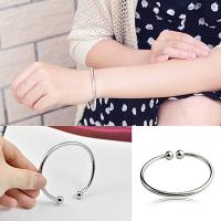 Pulsera de mano abierta de acero inoxidable para mujer, brazalete sencillo de cuentas, plateado, - details 5