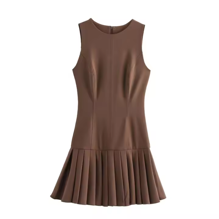 Falda plisada 3D Mini s con cuello redondo Moda para mujer en marrón - 1