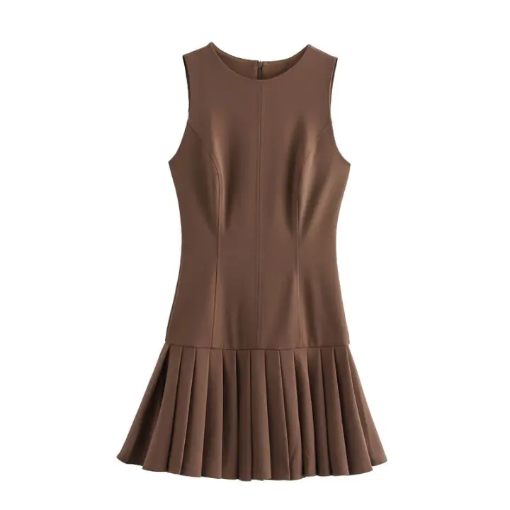 Falda plisada 3D Mini s con cuello redondo Moda para mujer en marrón - 1