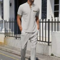Conjunto de trajes para hombre, Polo tipo gofre + Pantalones con bolsillo, Tops de manga corta con cuello levantado, Color sólido, verano 2025 - details 2