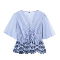 Conjunto de pantalones de pierna ancha para mujer, camisa a rayas con bordado hueco Retro francés, moda de verano - details 1
