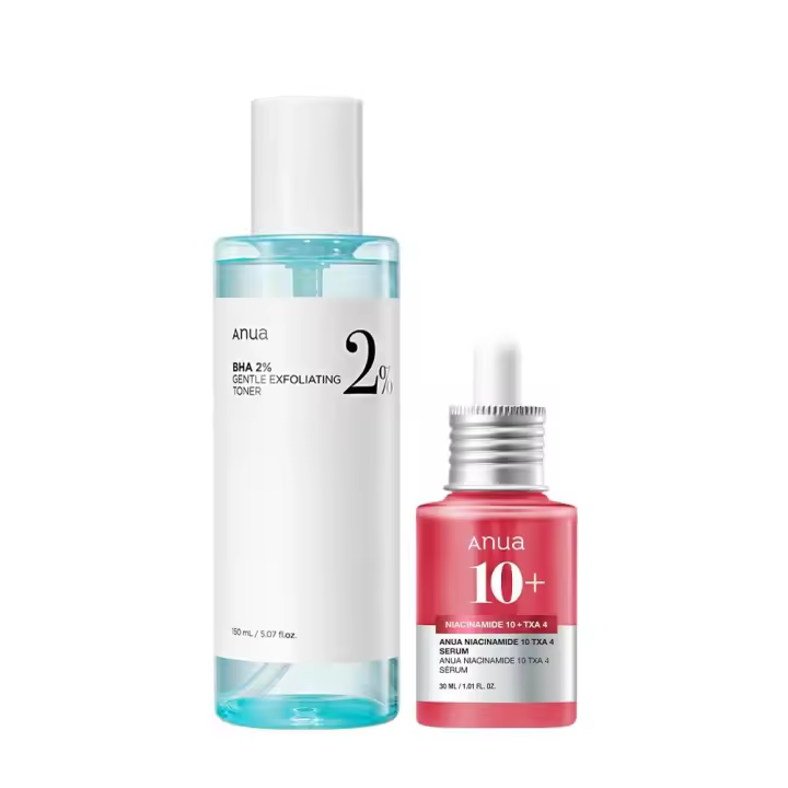 Anua 2% BHA Skin Booster Duo - 10% niacinamida + 4% suero de ácido tranexámico piel apagada, tónico exfoliante suave, ácido salicílico, - 1