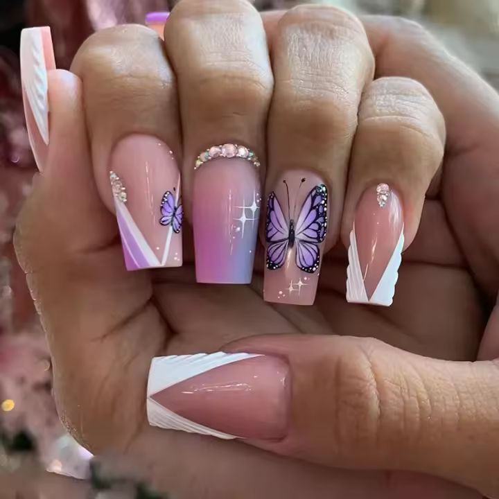 Uñas postizas cuadradas cortas con pegamento, uñas postizas con purpurina francesa, juego de uñas de diseño de Ballet, 24 piezas - 1