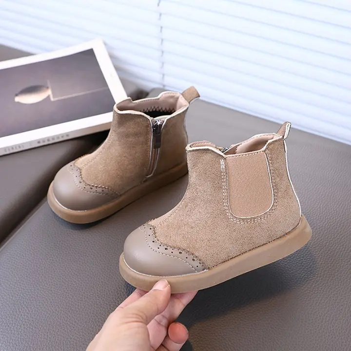 Botas de cuero con cremallera lateral de empalme de terciopelo para niños estilo retro británico - 1