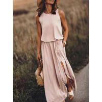 2025 verano nueva ropa de mujer europea y americana vestido sin mangas con cuello redondo vestido largo de color sólido multicolor con puntas divididas. - details 3
