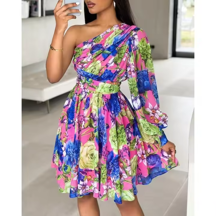 Vestido de mujer estampado con cintura y hombros descubiertos, cuello inclinado, nueva moda 2025 - 1