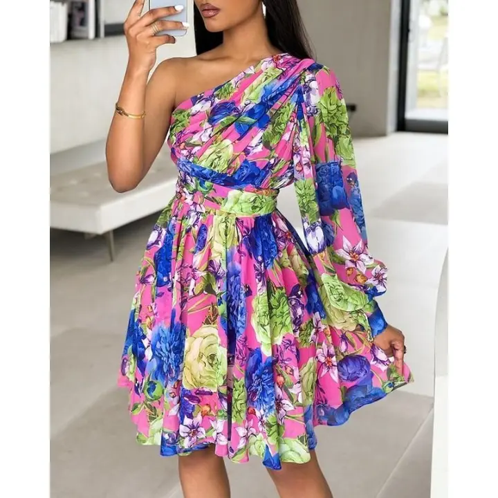 Vestido de mujer estampado con cintura y hombros descubiertos, cuello inclinado, nueva moda 2025 - 1