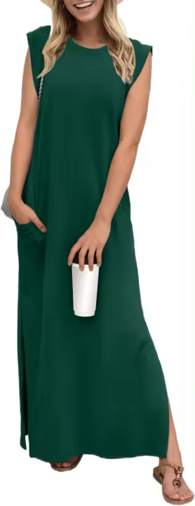 Vestido largo sin mangas para mujer, estilo camisa casual de verano, elegante, clásico, con abertura y bolsillos. - 1
