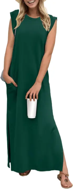 Vestido largo sin mangas para mujer, estilo camisa casual de verano, elegante, clásico, con abertura y bolsillos. - 1