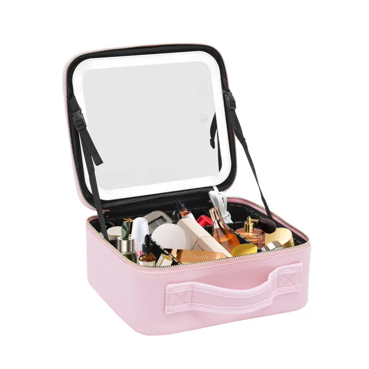 Bolsa de maquillaje portátil de viaje, estuche de maquillaje rosa con espejo Led, gran capacidad, doble cremallera - 1