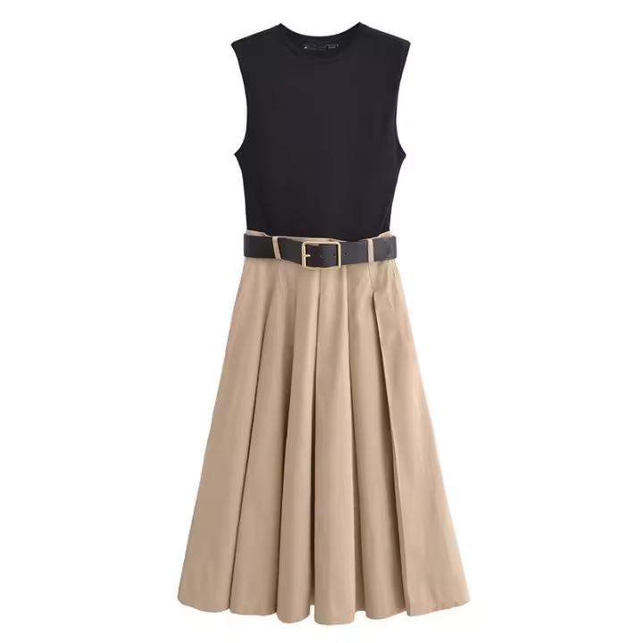 Elegante Vestido Largo Plisado sin Mangas con Cinturón para Mujer - 1