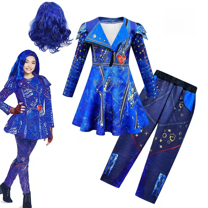 Conjunto de Cosplay de Evie Descendientes 3 para Halloween y Carnaval Vestido de Fiesta con Pantalones y Peluca - 1
