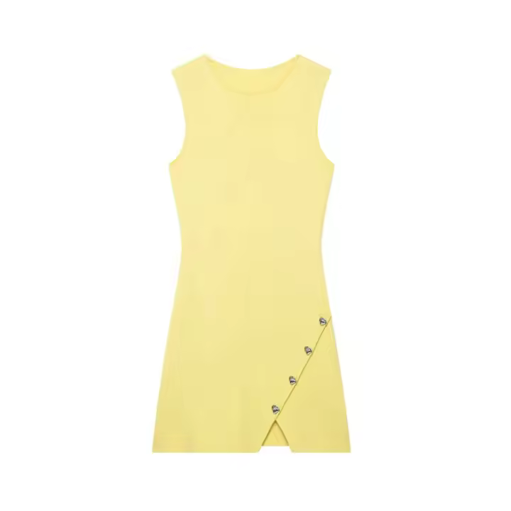 Vestido corto de punto sin mangas 2025 con cuello redondo y decoración de botones irregulares, nueva moda de verano para mujer - 1