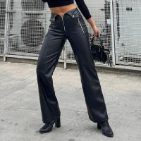 BUNO-pantalones ajustados de cuero PU con cremallera para mujer, ropa de calle informal Y2K para fiesta, pantalones de pierna recta de cintura alta, pantalones elegantes góticos 2025 - details 5