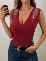 Chaleco negro con cuello en V profundo para mujer, top sexy sin mangas con lentejuelas, camiseta de fiesta de verano - details 3