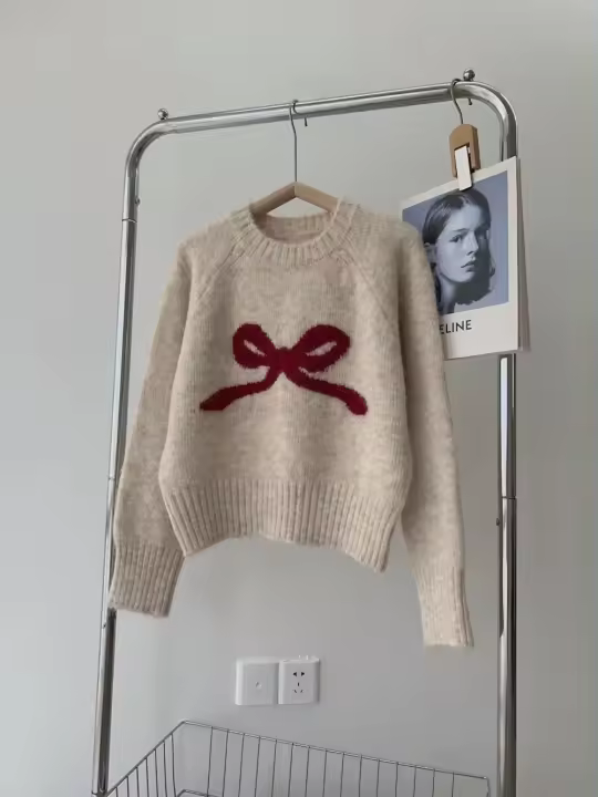 Suéter Rou combinado con lazo gris, ropa suave para mujer - 1