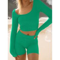 BUNO-Conjunto de ropa de estar por casa para mujer, tops ajustados de manga larga y pantalones cortos de motorista, 2 piezas, verano, 2025 - details 16