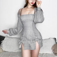 Vestido de rayas de cadera delgada de hombro recto con cinturón halter para mujer, nueva línea - details 1