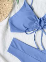 Nuevo conjunto de bikini de alta elasticidad verano 2025, sexy de dos piezas con cordones de color sólido para mujer, traje de baño de playa - details 13