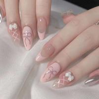 Uñas postizas artificiales portátiles de acrílico desmontable, juego completo, hermosas cerezas, almendras francesas, 24 piezas - details 8