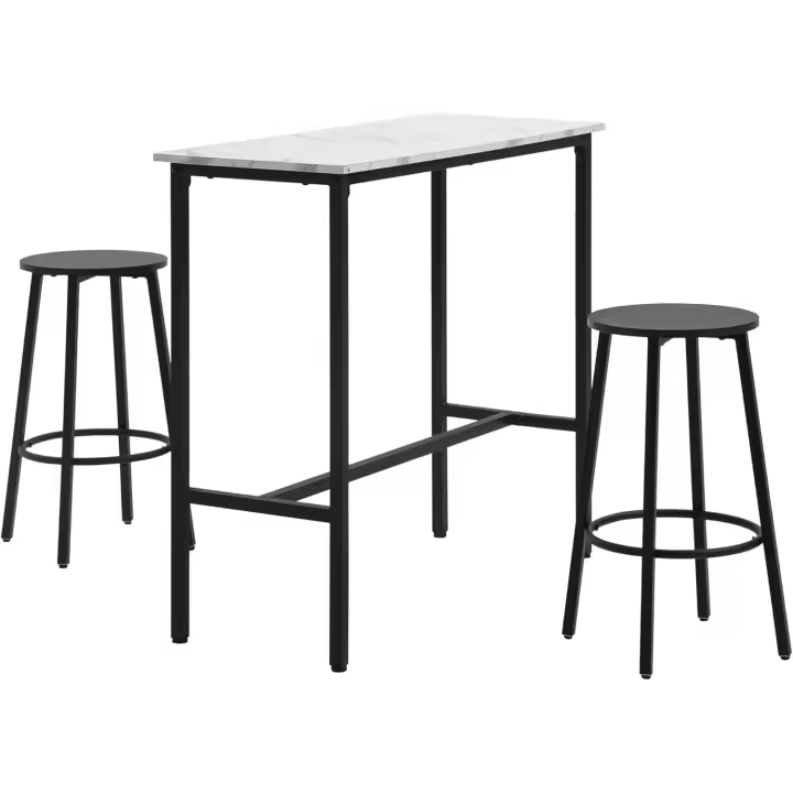 Juego de mesa de comedor alta de bar con 2 taburetes redondos, 3 piezas, marco de acero, estilo moderno para cocina, salón, blanco y negro. - 1