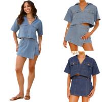 2025 Verano Vestidos de Mujer, Cuello en V Manga Corta Traje de Denim Irregular Suelto, Falda Pantalones Cortos - details 6