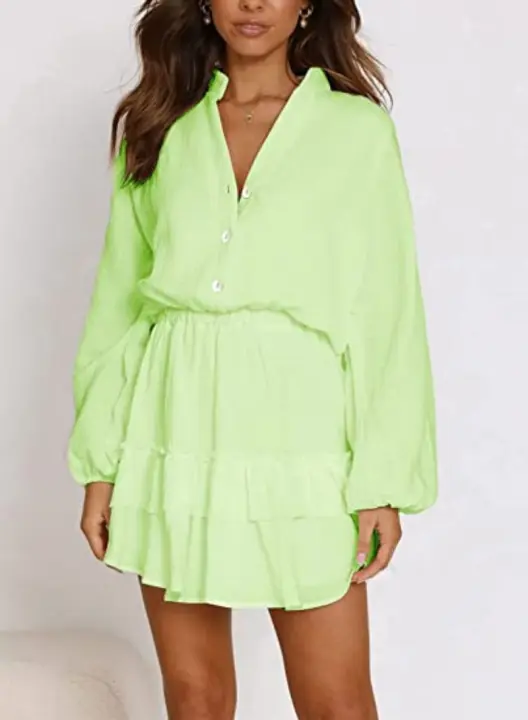 Vestido de mujer de manga larga con cuello en V y bordes con volantes - 1