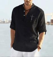 Blusa de algodón para hombre, camiseta informal de media manga con cuello Henley, talla grande, negro, blanco, gris, verde, 3xl, 2xl - details 4