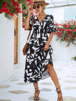 Vestido acampanado bohemio estampado para mujer, ropa informal de manga corta con burbujas, Vintage, elegante, verano, 2024 - details 7