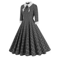 2025 nuevo Vintage marrón a cuadros Rockabilly Midi vestidos cuello vuelto arco 3/4 manga larga Otoño Invierno mujer vestido elegante - details 13