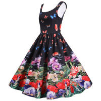 Women vintage spaghetti strap floral print high waist elegant sleeveless a-line party midi dress - details 26