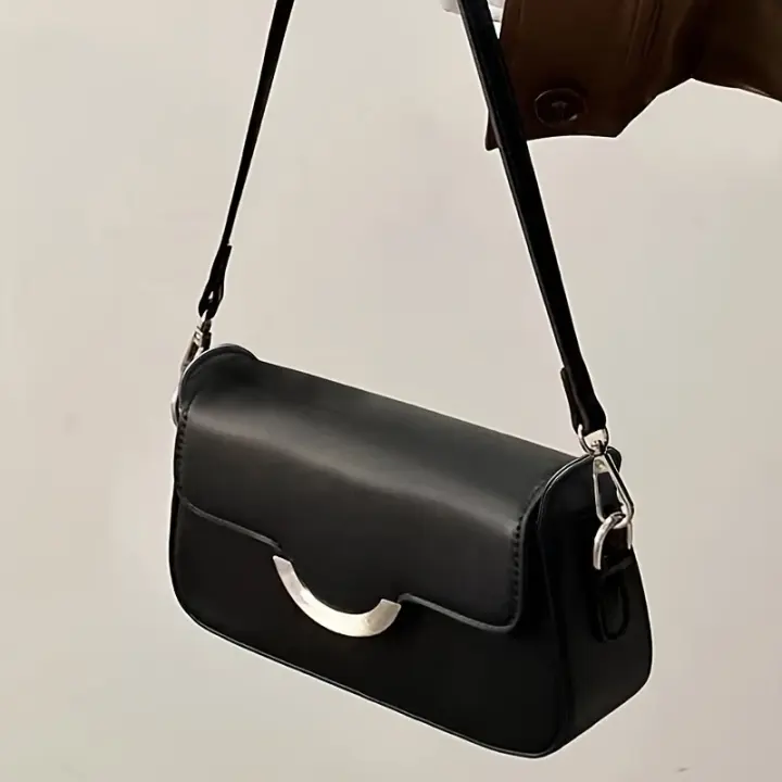 Bolso Cruzado Negro Minimalista Resalto Arco Dorado, Cierre Magnético, Forro de Poliéster, Perfecto para Uso Diario - 1