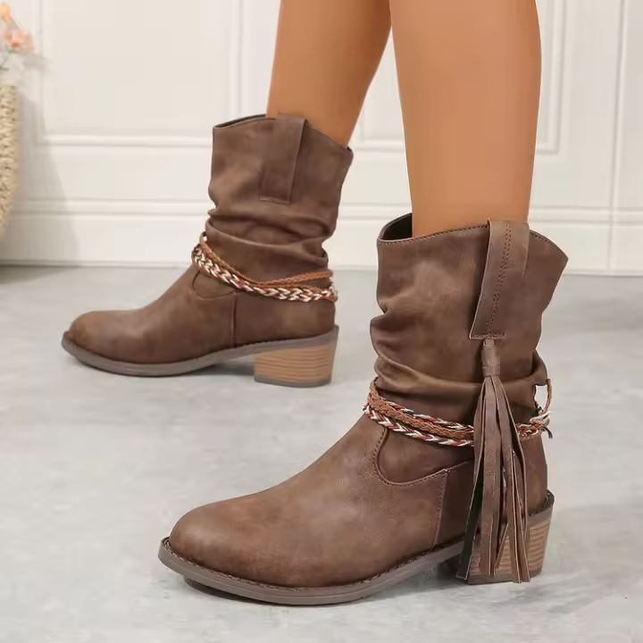 Nuevas botas de mujer de tubo medio pero cabeza redonda hasta la rodilla - 1