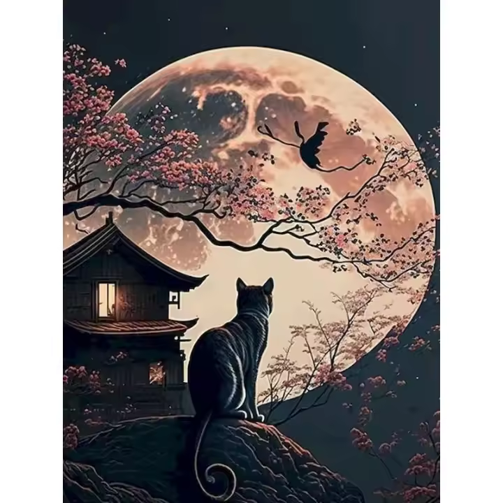 Ruopoty-Kit de pintura al óleo por números para adultos, dibujo de gato nocturno, manualidades, decoración - 1