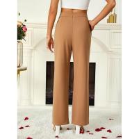 Acampanado para mujer, botones cruzados lisos, pierna recta, cintura alta, pantalones casuales de algodón elástico cómodo - details 9