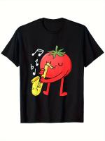 Camiseta retro holgada para hombre "Amante del tomate". Manga corta negra informal. Gráfico de saxofón, órgano y notas musicales. Lavable a máquina. Diseño musical. Divertido dibujo animado. - details 0