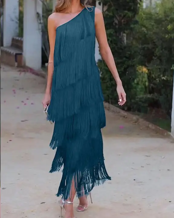 Vestido asimétrico con hombros descubiertos y borlas de verano para mujer - 1