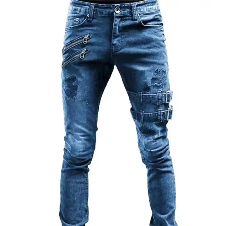 Pantalones Vaqueros Ajustados para Hombre Diseño de Cremallera, Elástico de Algodón, Tamaño Grande, de Alta Calidad - 1