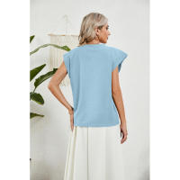 BUNO-2025 Tops para mujer, pantalón corto informal de moda de verano, camisetas básicas con textura a rayas de Color sólido y cuello redondo - details 6