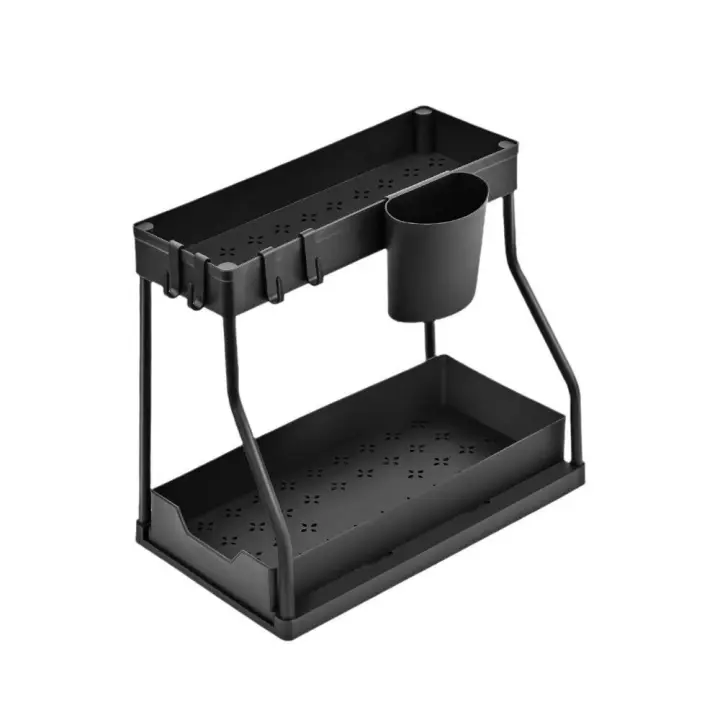 Práctico estante de especias de 2 Capas, titular de la toalla de especias Negro, resistant to Agua, sin perforar, Rack de almacenamiento para Lavadora, escritorio - 1