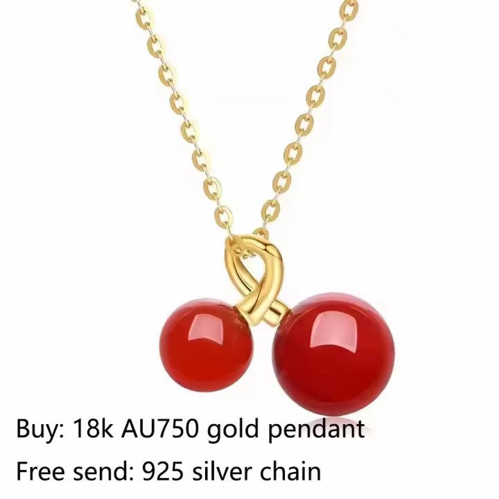 Colgante de Ágata Roja de Oro 18K Auténtico Cadena de Metal AU750 de Lujo Diseño de Cereza - 1