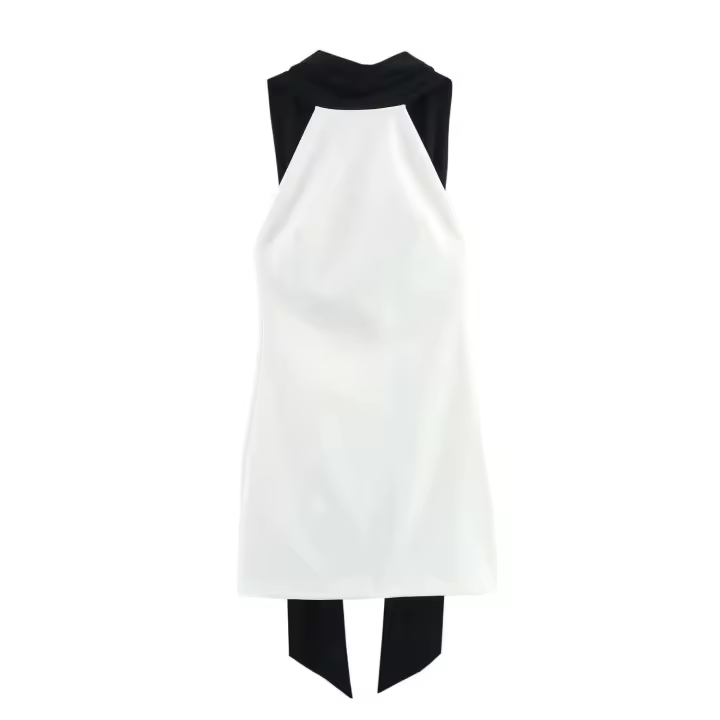 2025 primavera nuevo producto ropa de mujer cuello colgante contraste empalme Falda corta sin mangas Mini vestido - 1