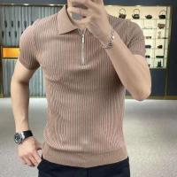 Polo de punto de seda helada para hombre, camiseta jacquard de manga corta, cuello, top fino de alta calidad, verano, nuevo - details 2