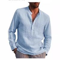 2025 Camisa de manga larga con cuello en V de lino para hombre, ropa de playa informal transpirable, ropa informal de negocios para hombre, superventas de verano - details 1