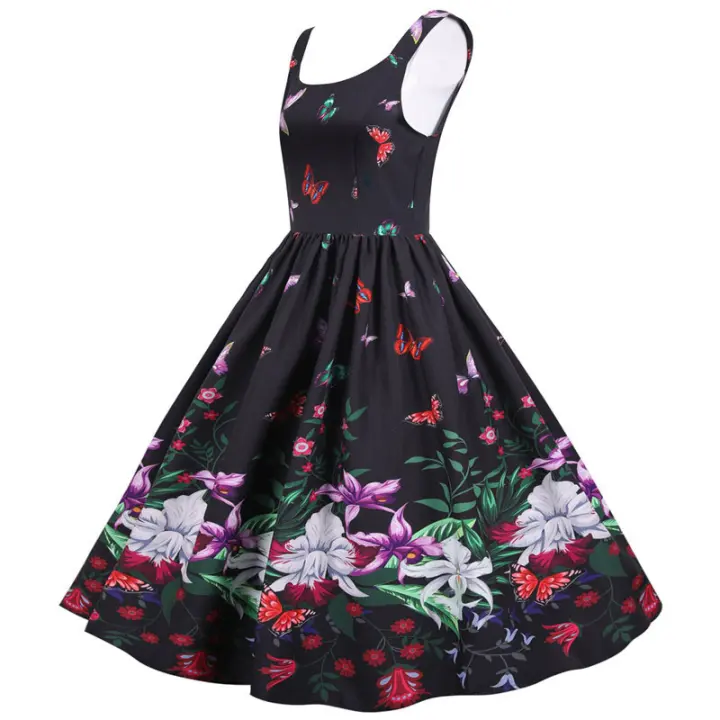 Nuevo 2025 vestido midi de fiesta elegante sin mangas con cintura alta y estampado floral con tirantes finos vintage para mujer - 1